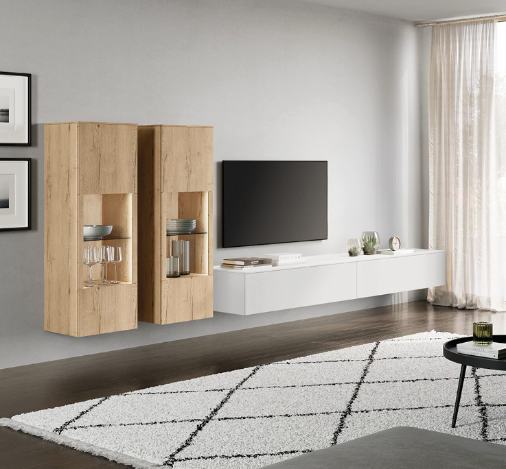 Unsere Marken Weisse Wohnwand mit hoelzernem Vitrinenelement