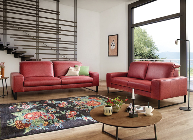 Activineo Rote Ledersofas in geraeumigem Wohnzimmer.