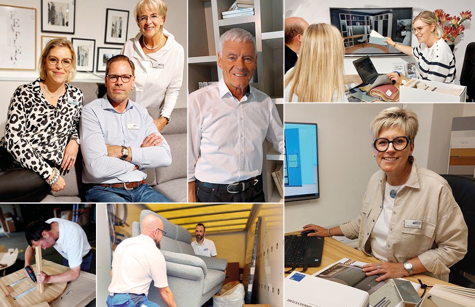Collage zeigt engagiertes Möbelhaus-Team bei Beratung, Planung, Kundenservice, Handwerk und Lieferung – persönliche Betreuung, individuelle Einrichtungslösungen, kompetente Fachberatung und zuverlässiger Service im Möbelhandel.