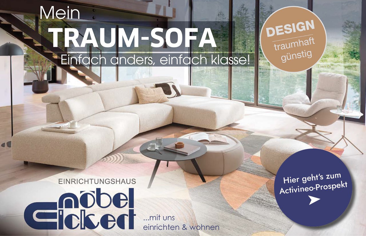 Der Activineo-Prospekt ist da Weißes Activineo-Sofa in großem Wohnzimmer.