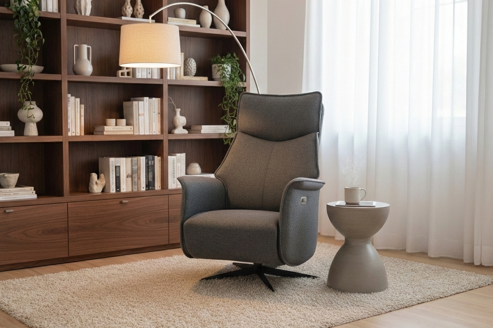 Dunkler Stoff-Sessel vor Regal